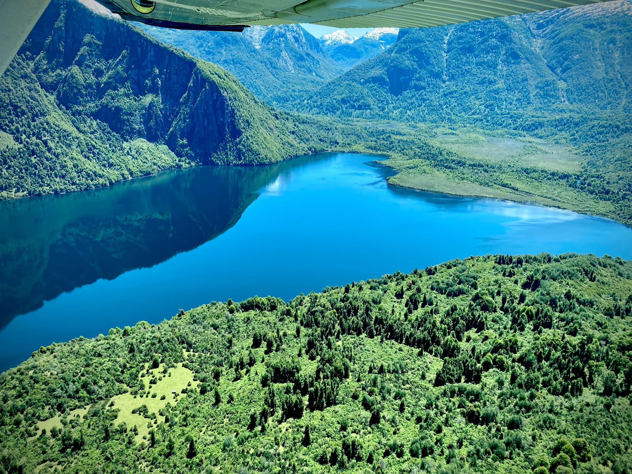 High aerial over the wild Patagonian valley of Lago Roosevelt