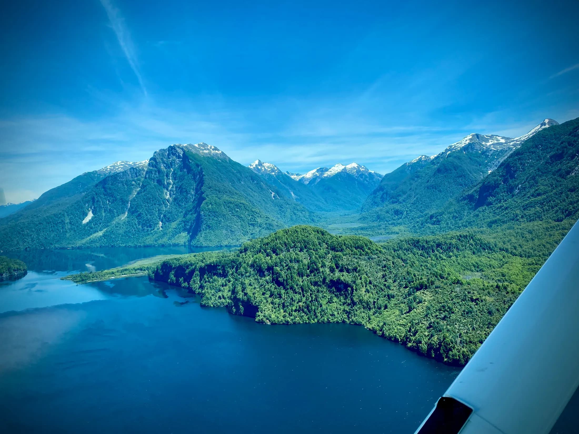 The valley of Lago Roosevelt framed by snow-capped Patagonian peaks