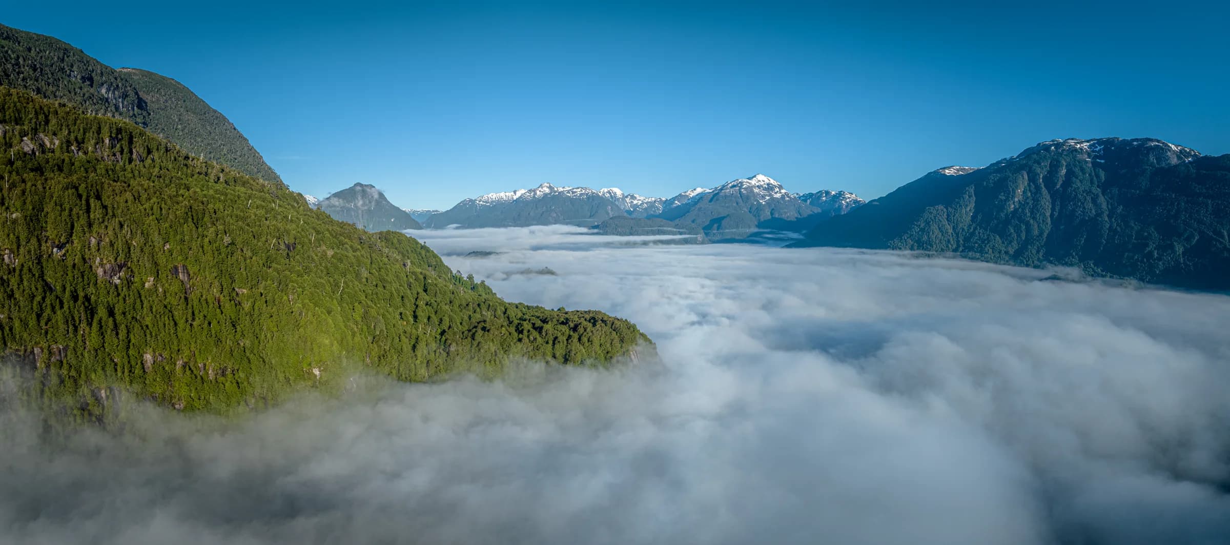 A sea of low cloud filling the valley between forested mountains