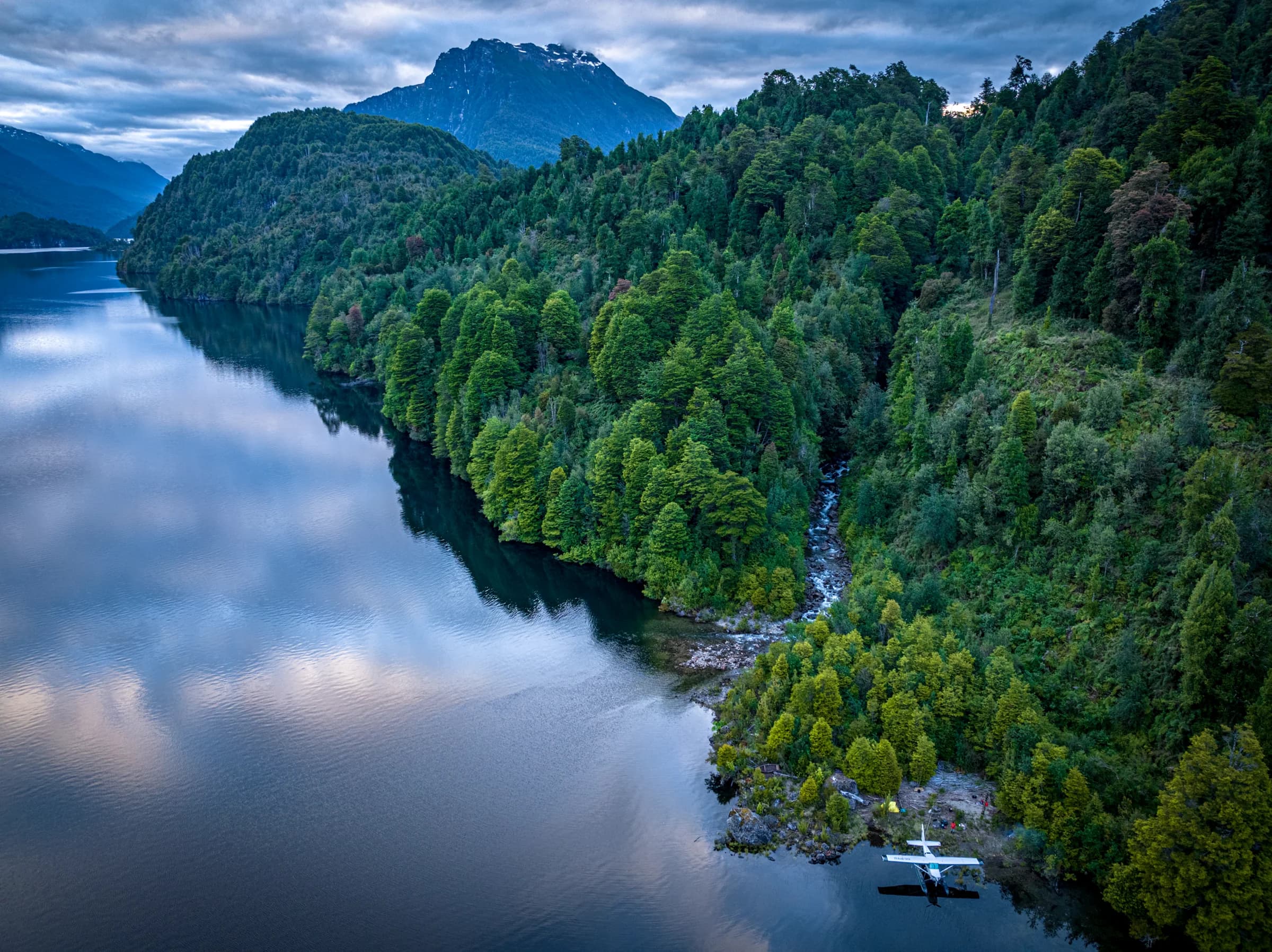 A forested corridor of the lake reaching toward the Patagonian mountains