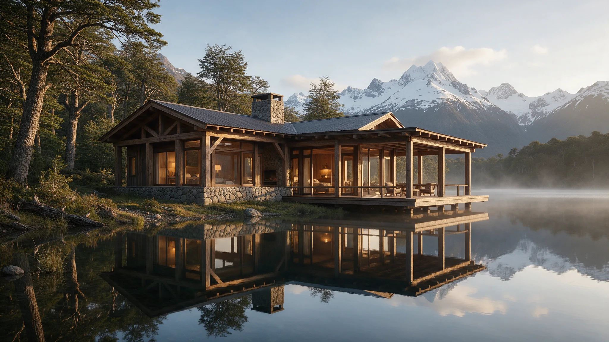 Casa Orilla — illustrative render in the Patagonian landscape