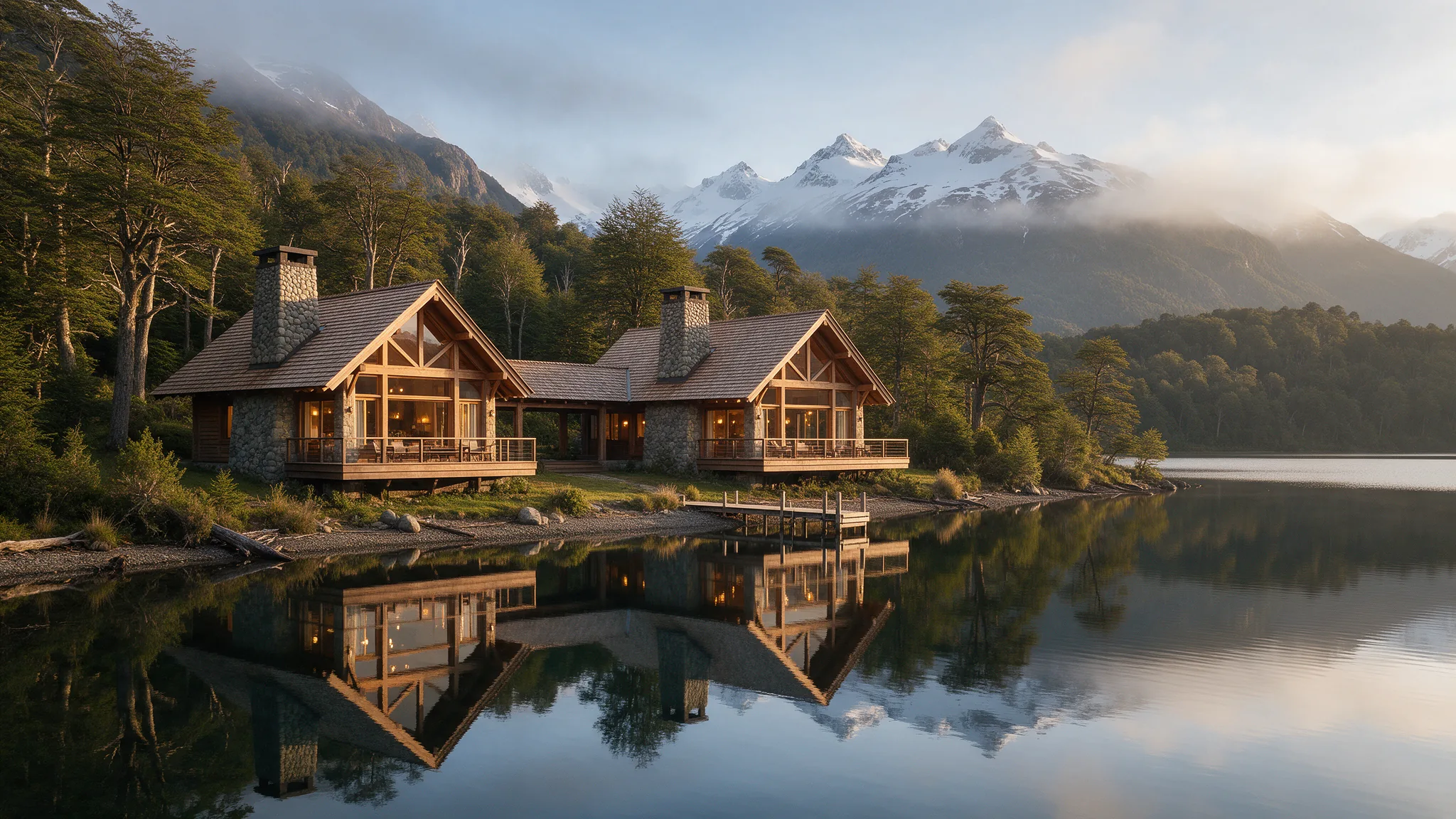 Villa del Lago — illustrative render in the Patagonian landscape